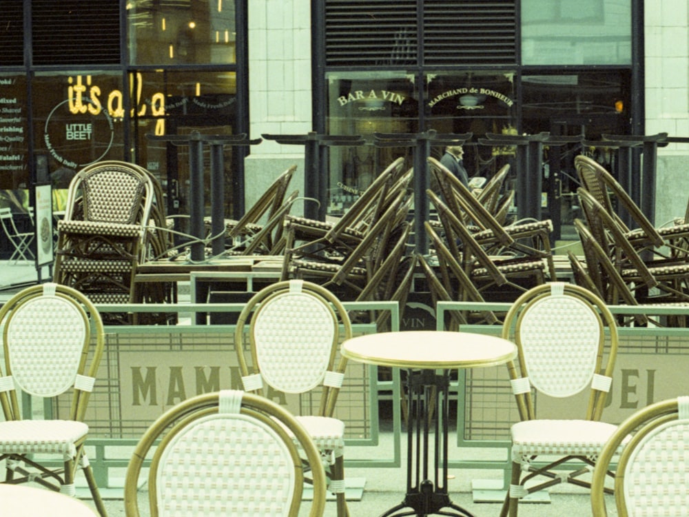 Chairs stacked on the tables after closing