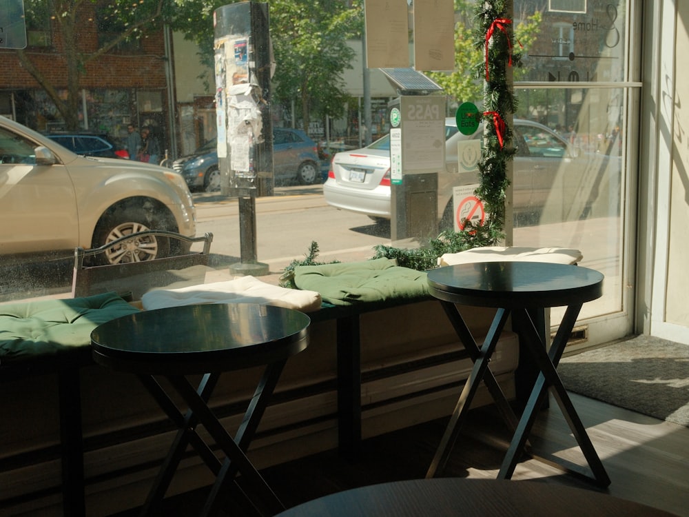 The window tables looking out onto the street